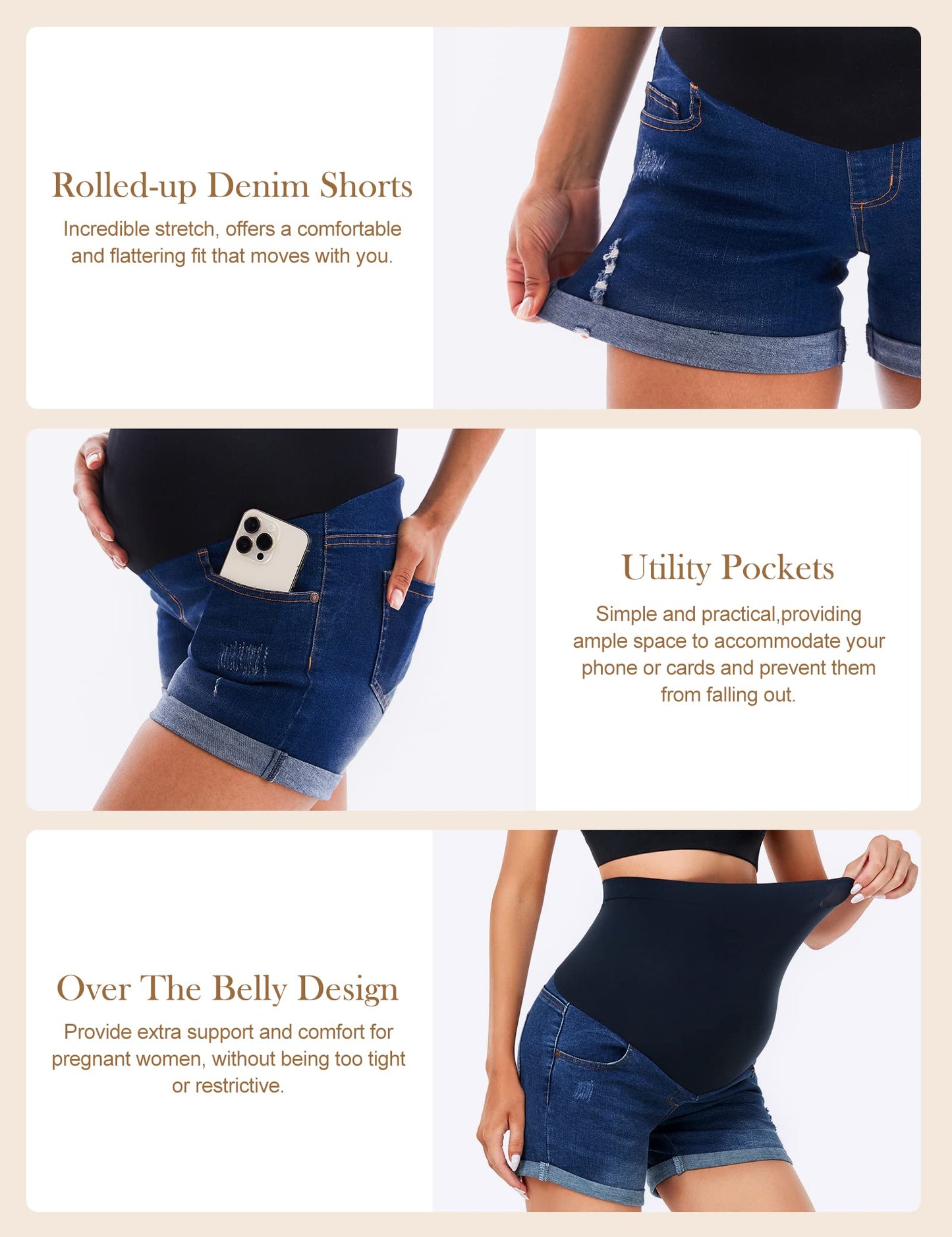 HOFISH Women's Maternity Jeans Shorts Over The Belly Stretchy Comfy Denim Shorts Pants Casual Workout Pregnancy Shorts