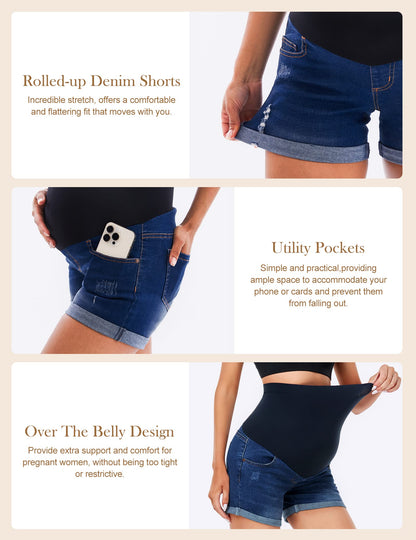 HOFISH Women's Maternity Jeans Shorts Over The Belly Stretchy Comfy Denim Shorts Pants Casual Workout Pregnancy Shorts