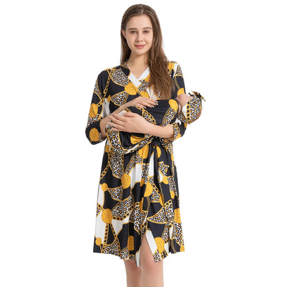 Galabloomer Maternity Robe and Baby Receiving Blanket, Matching Mommy Labor Delivery Robe and Swaddle Set Denim blue