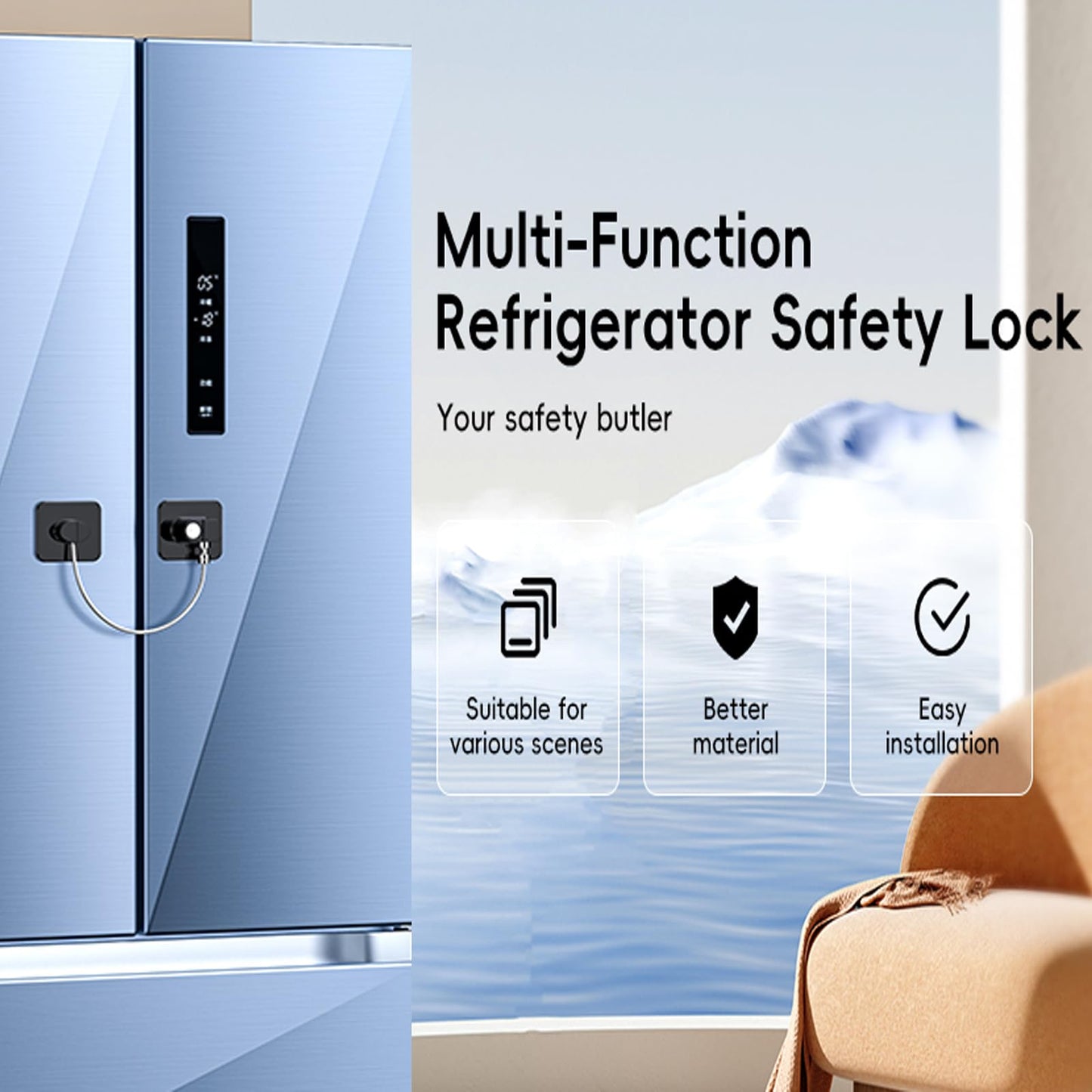 2 Pack Refrigerator Door Lock, Child Proof Fridge Door Lock for Kitchen Freezer, Cabinets and Drawers, Air Oven Air Fryer, Closets, Windows, Doors-No Tools Need or Drill (Patent) (2 pcs Black Lock)