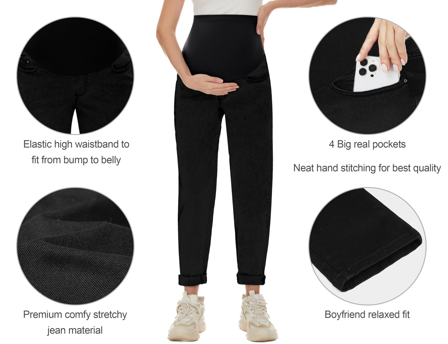 POSHGLAM Women's Maternity Jeans Over Belly Comfy Stretch Boyfriend Jeans Loose Pregnancy Pants, S-XXL