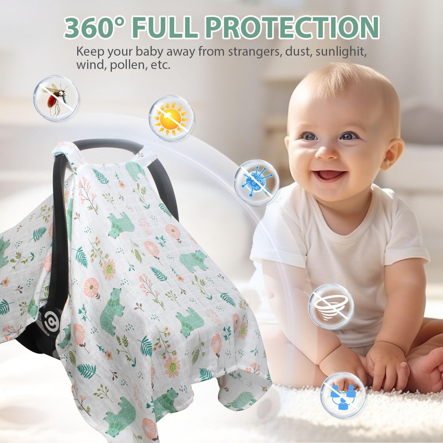 Muslin Baby Car Seat Cover, Breathable Infant Car Seat Cover Lightweight Carseat Canopy Covers for Babies, Universal Fit Stroller Cover for Summer Spring/Hot Days/Warm Weather