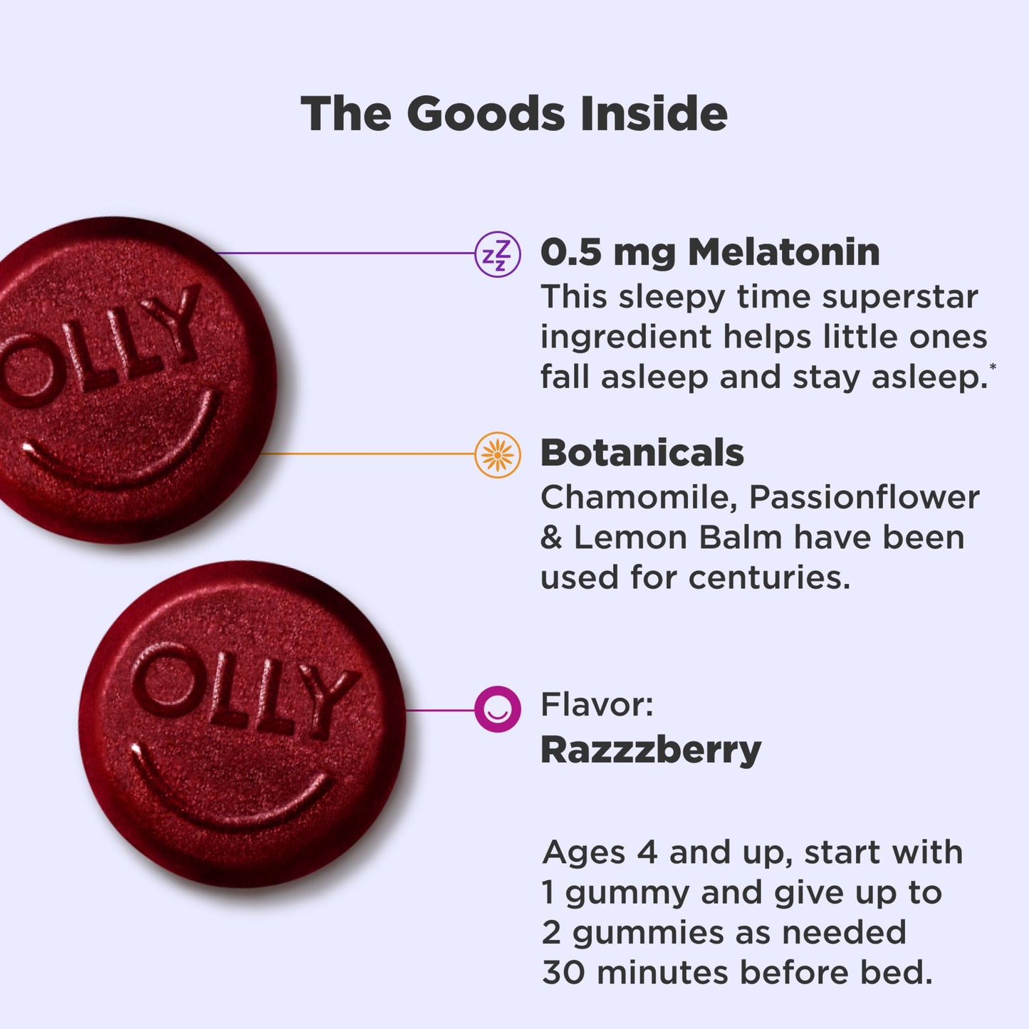 OLLY Kids Sleep Gummy, 0.5mg Melatonin, L Theanine, Chamomile, and Lemon Balm, Childrens Chewable Supplement, Raspberry - 50 Count