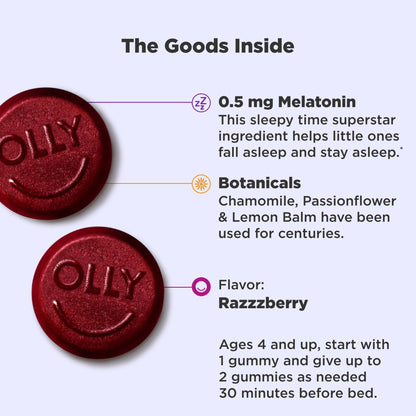 OLLY Kids Sleep Gummy, 0.5mg Melatonin, L Theanine, Chamomile, and Lemon Balm, Childrens Chewable Supplement, Raspberry - 50 Count
