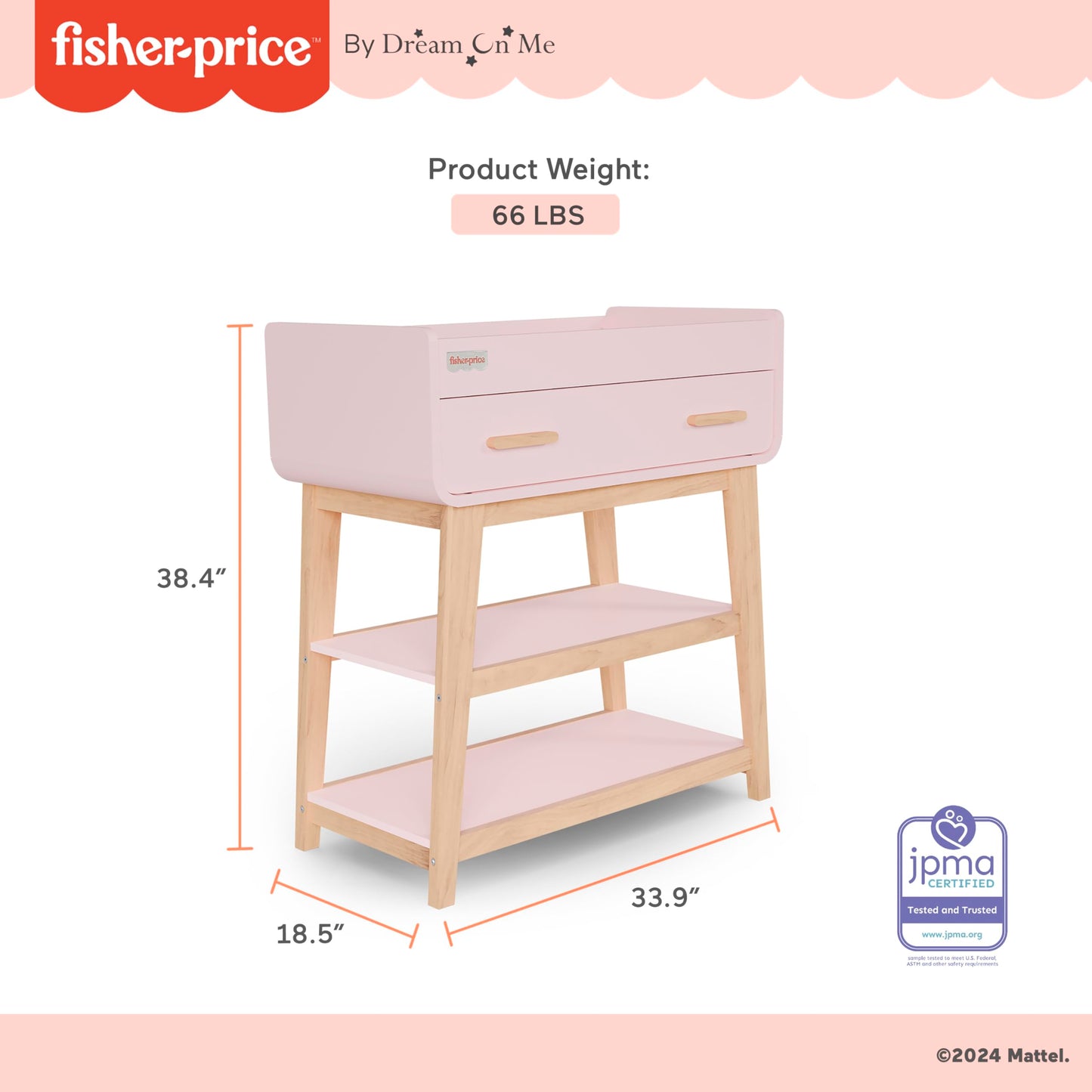 Fisher-Price Iris/Siesta Changing Table by Dream On Me, Blush Pink, JPMA & Greenguard Gold Certified, with a Bottom Closed Drawer and Two Open Shelves for Storage