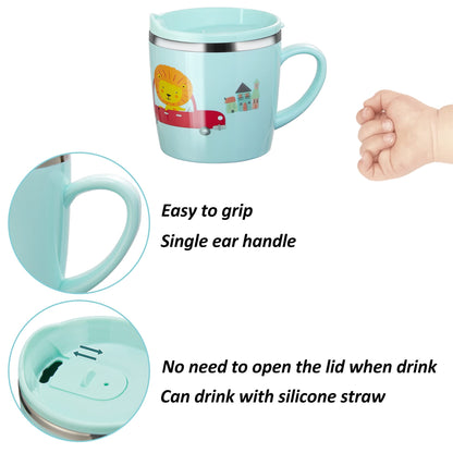 Baby Kids Toddler Sippy Cup Mug for Milk, Coffee, Stainless Steel Trainer Straw Cup with Lid, Fox, 7oz/Pink