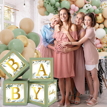 RUBFAC Sage Green Baby Boxes with Letters for Baby Shower, 4pcs Safari Baby Shower Decorations for Boy Girl Balloon Boxes Gender Reveal Birthday Party Favors