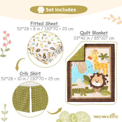 Wowelife Safari Crib Bedding Set, 3 Piece Safari Baby Bedding Set Brown, Premium Baby Crib Bed Set, Breathable and Soft for Baby Boy and Girl