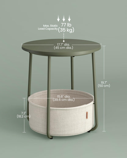 VASAGLE End Table, Small Bedside Table with Fabric Basket, Modern Nightstand, Round Side Table, for Living Room, Bedroom, Matte White and Camel Brown ULET223W10