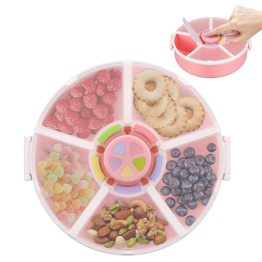 Kids Snack Rotator Container Reusable Snack Box with 5 Compartment Dispenser and Lid, Color Matching Opening Lid, BPA and PVC Free, for Toddlers, Babies, Home, School, Travel (1 Pack- Pink)