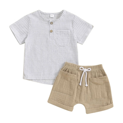 fhutpw Baby Boy Summer Outfits Henley Shirt Soft Pocket Short Sleeve Tops & Shorts Sets Infant 3 6 12 18 Months 2T Clothes