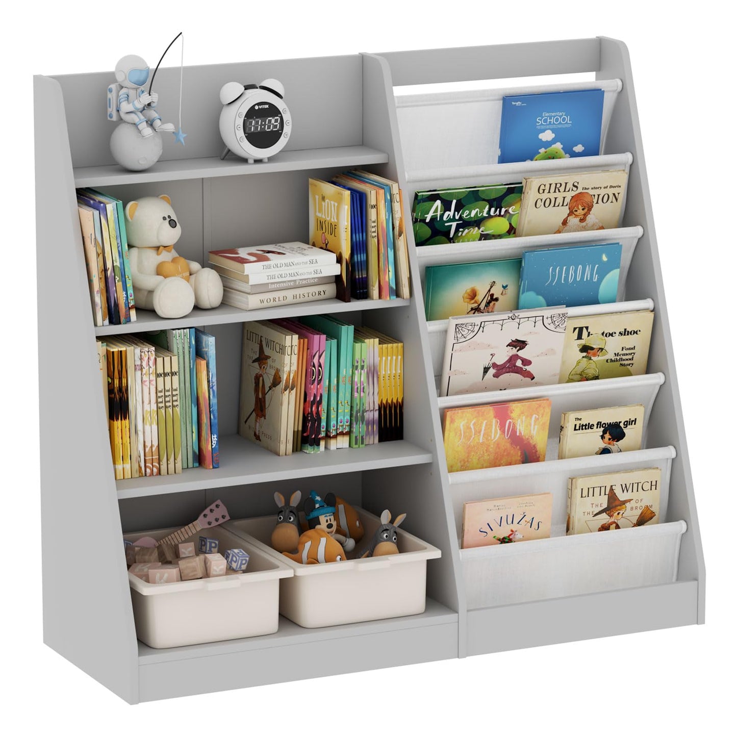 White Kids Bookshelf Wood Toy Storage Organizer Cabinet Children Bookcase Toddler Baby Sling Book Rack 3 Cube Bins Fabric Drawers for Playroom Bedroom Nursery School