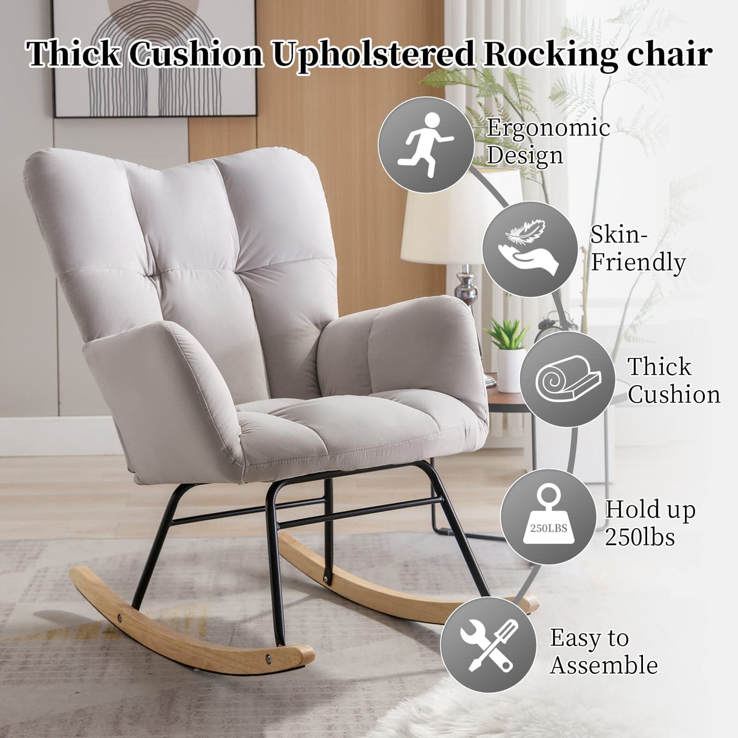 NIOIIKIT Nursery Rocking Chair Teddy Upholstered Glider Rocker Rocking Accent Chair Padded Seat with High Backrest Armchair Comfy Side Chair for Living Room Bedroom Offices (Ivory Teddy)