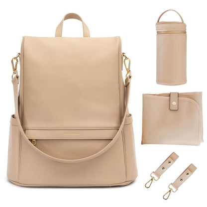 Leather Diaper Bag Backpack with USB Charging port, Changing Pad, Stroller Straps, and Bottle Holder (Brown Olivia)