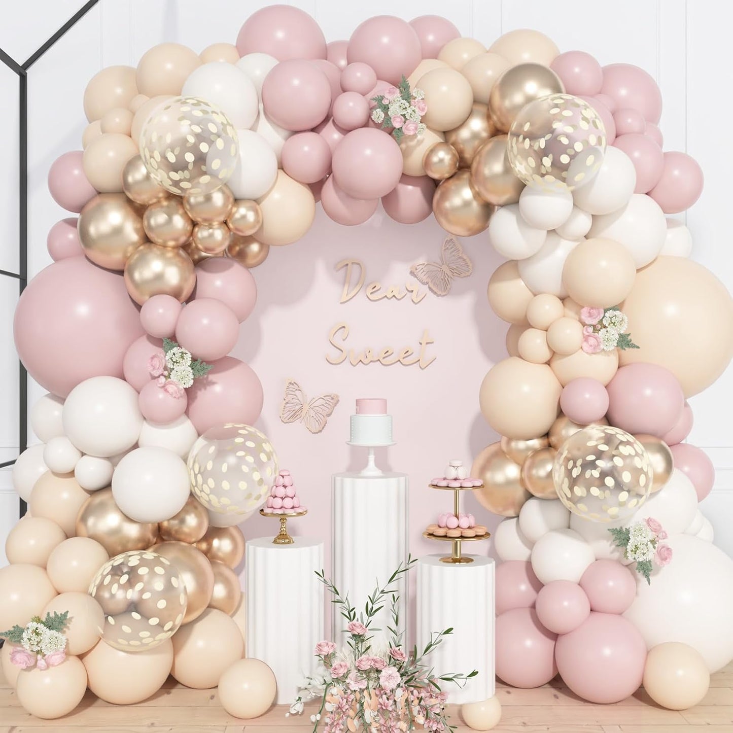 Ouddy Life 157 Pcs Boho Dusty Pink Balloons Arch Garland Kit, Blush Neutral Pink Sand White Metallic Gold Different Size Balloon for Girls Baby Shower Birthday Wedding Gender Reveal Party Decorations