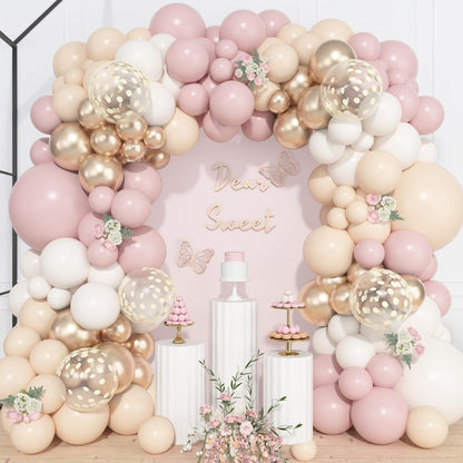 Ouddy Life 157 Pcs Boho Dusty Pink Balloons Arch Garland Kit, Blush Neutral Pink Sand White Metallic Gold Different Size Balloon for Girls Baby Shower Birthday Wedding Gender Reveal Party Decorations