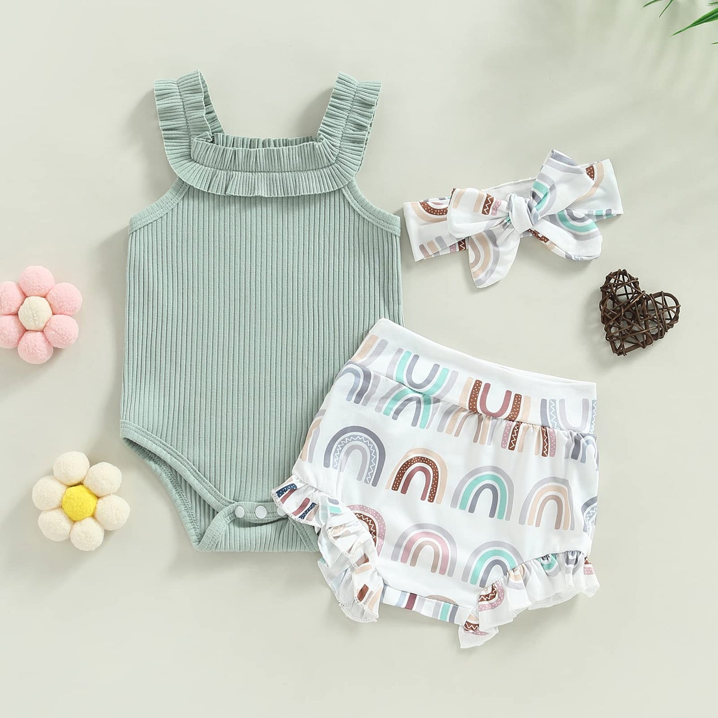 Murnouche Newborn Baby Girl Summer Clothes Sleeveless Floral Top Ribbed Shorts Boho Outfit Set