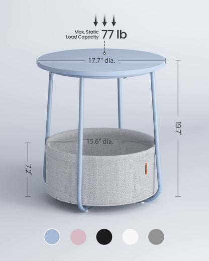 VASAGLE End Table, Small Bedside Table with Fabric Basket, Modern Nightstand, Round Side Table, for Living Room, Bedroom, Matte White and Camel Brown ULET223W10