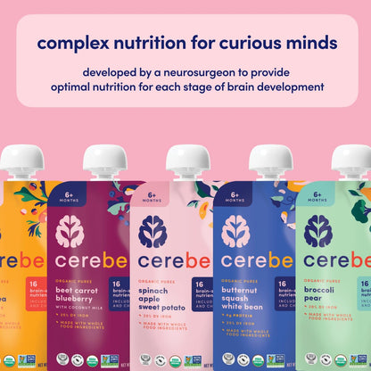 Cerebelly Organic Baby Food Pouches Variety Pack – Organic Veggie Purees for Toddlers | No Added Sugar, Fiber, Non-GMO | Blended Toddler Pouches | 4 Ounce BPA-Free Pouch | 4 Flavors | 8 Count