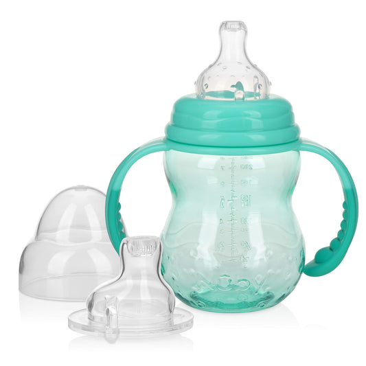 Nuby 3 in 1 Baby Bottle to Training Sippy Cup - 8 Oz Toddler Cups Spill Proof with Soft Spout, Nipple & Removable Grip Handles - Dishwasher Safe (Blue)