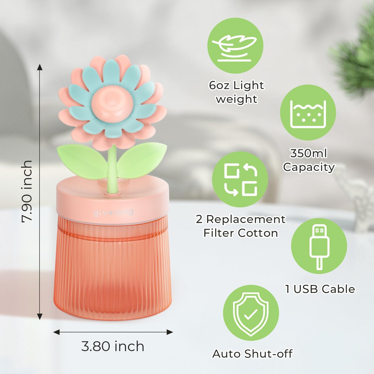 Cute Flower Mini Humidifier, 260ml Gardenia Desktop Humidifiers for Bedroom, Portable Small Cool Mist Humidification for Home, Baby Nursery, Office & Indoor Plants, USB Powered (Pink)