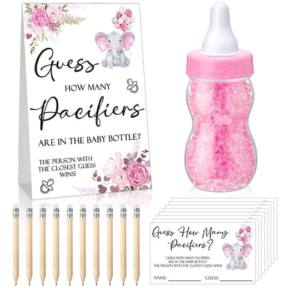 Roowest 512 Pcs Baby Shower Games Guess How Many Pacifiers Sign 100 Small Guessing Games 10 HB Pencils 750ml Milk Bottle 400 Acrylic Pacifiers Decoration for Guest Gender Reveal(Pink,Bear)