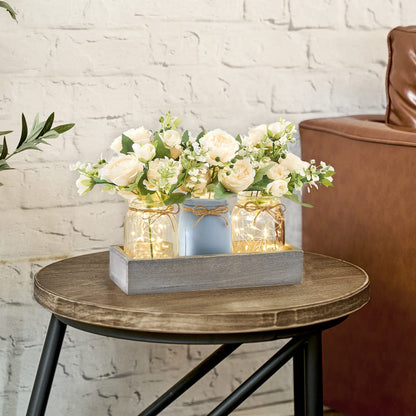 Mkono Mason Jar Lights Centerpiece Table Decor for Dining Room Farmhouse Wood Tray with 3 Jars Flowers Summer Decoration for Coffee Table Kitchen Living Room Wedding