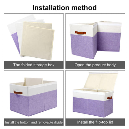 Large Toy Storage Box with Lid, Sturdy Toys Storage Chest Bin Organizer Basket with Dividers for Kids, Boys, Girls, Nursery, Closet, Bedroom, Playroom 25"x13" x16" (Beige and White)