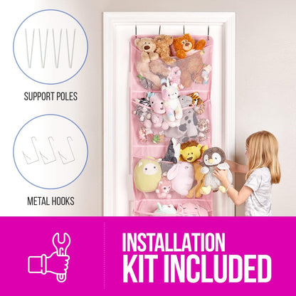 Lilly's Love Corner Stuffed Animal Toy Storage Hanging Organizer | 5 Expandable Mesh Net Pockets, Stores Loads of Plush Toys | Large Plushie Display for Boys, Girls | Pink