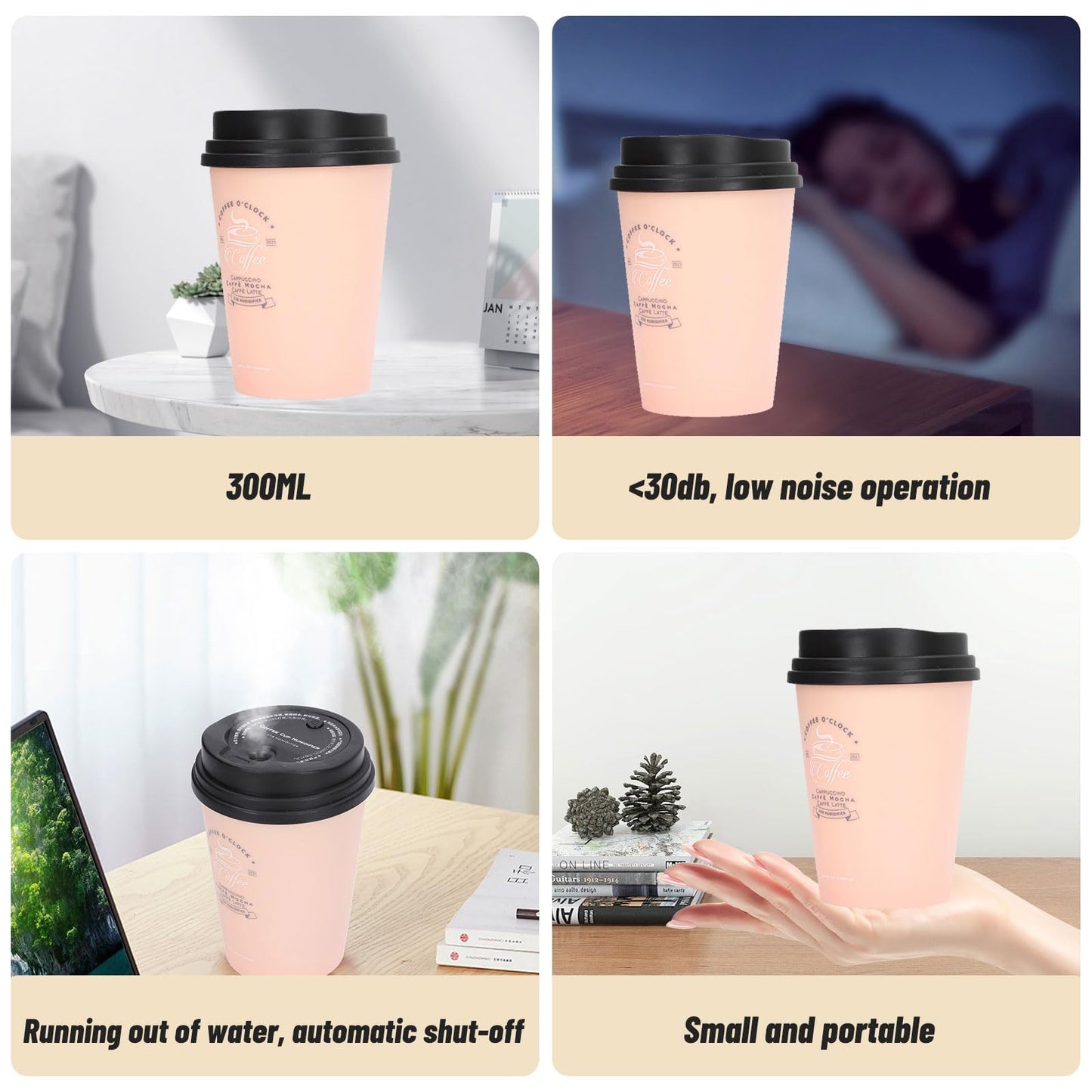 Humidifiers for Bedroom, 300ml Cool Mist Humidifiers, USB Mini Cute Coffee Cup Humidifier, Car Humidifier, Pink Desk Humidifier, Small Humidifier, Low Noise, Auto Shut-Off for Car, Plant, Office(Pink)
