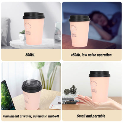Humidifiers for Bedroom, 300ml Cool Mist Humidifiers, USB Mini Cute Coffee Cup Humidifier, Car Humidifier, Pink Desk Humidifier, Small Humidifier, Low Noise, Auto Shut-Off for Car, Plant, Office(Pink)