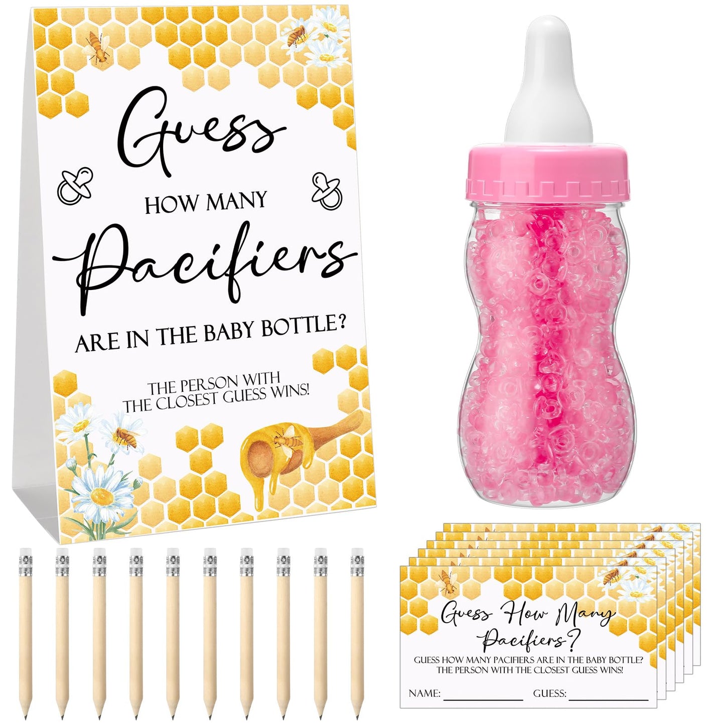 Roowest 512 Pcs Baby Shower Games Guess How Many Pacifiers Sign 100 Small Guessing Games 10 HB Pencils 750ml Milk Bottle 400 Acrylic Pacifiers Decoration for Guest Gender Reveal(Pink,Bear)