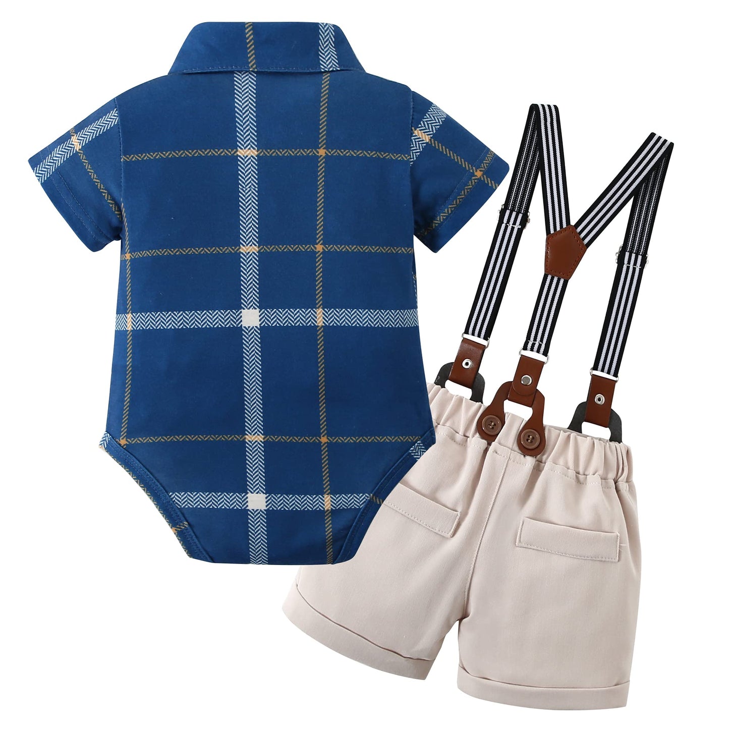 WESIDOM Baby Boy Clothes Suit 0-24 Months Gentleman Outfits, Short Sleeve Dress Romper+Bowtie+Detachable Suspender Shorts Set