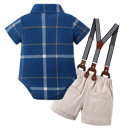 WESIDOM Baby Boy Clothes Suit 0-24 Months Gentleman Outfits, Short Sleeve Dress Romper+Bowtie+Detachable Suspender Shorts Set