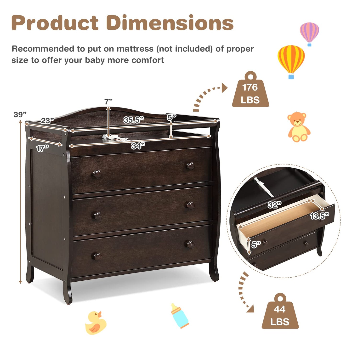 Costzon 3-Drawer Changing Table, Infant Diaper Changing Station with Drawers, Safety Rails & Strap, Baby Changing Table Dresser for Nursery, Easy Assembly (Brown)