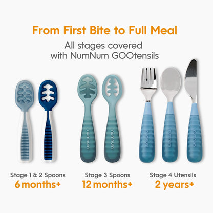 NumNum Baby Spoons Set, Baby Essentials Pre-Spoon GOOtensils for 6+ Months, First Stage Self-Feeding Spoons for Baby Led Weaning (BLW), Silicone Toddler Utensils, BPA-Free, 2 Pack Frosty Lilac/Rosebud