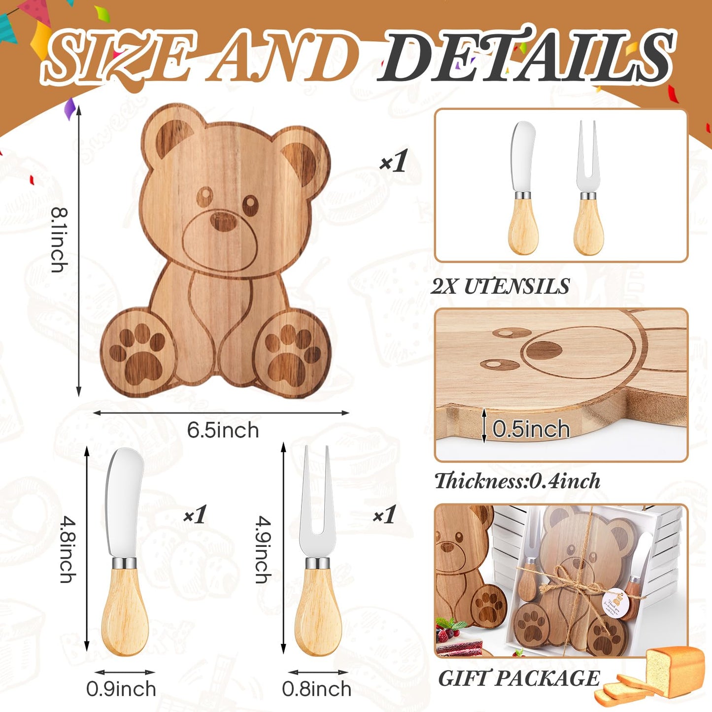 1 Set Baby Shower Party Favors Bear Shaped Cheese Board Set, Include Small Wood Cutting Charcuterie Boards with Knives and Forks Gift Box for Wedding Bridal Shower Birthday (Acacia Color)