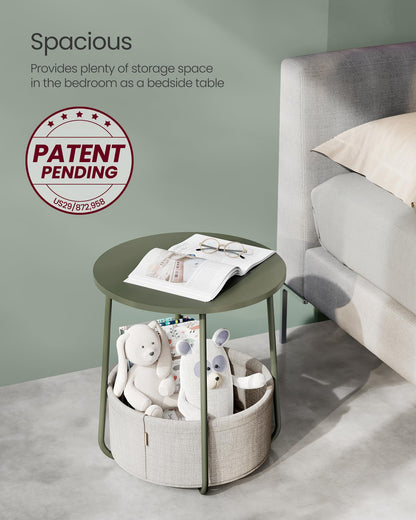 VASAGLE End Table, Small Bedside Table with Fabric Basket, Modern Nightstand, Round Side Table, for Living Room, Bedroom, Matte White and Camel Brown ULET223W10
