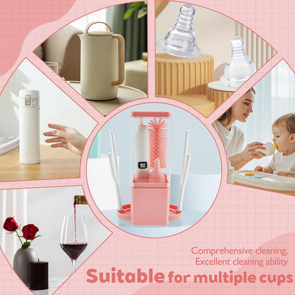 Bottle Brush Cleaning Set with Storage Holder, Adjustable Cleaning Power, Silicone Plastic LED Display Bottle Cleaner Brush for Long Narrow Neck Bottles, Water Bottles, Baby Bottles, Tumblers (Pink)