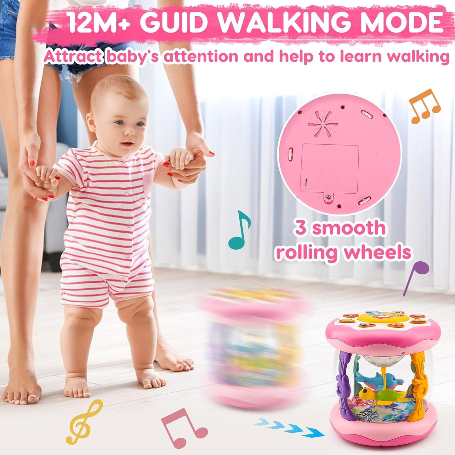 Baby Musical Light Up Toys 0-6 Months Tummy Time Ocean Projector Rotating Infant 0-3 3-6 7 8 9 Months Learning Crawling Pink Toys Babies 6-12 Month Girls 1 2 3 Year Old Birthday Newborn Gifts
