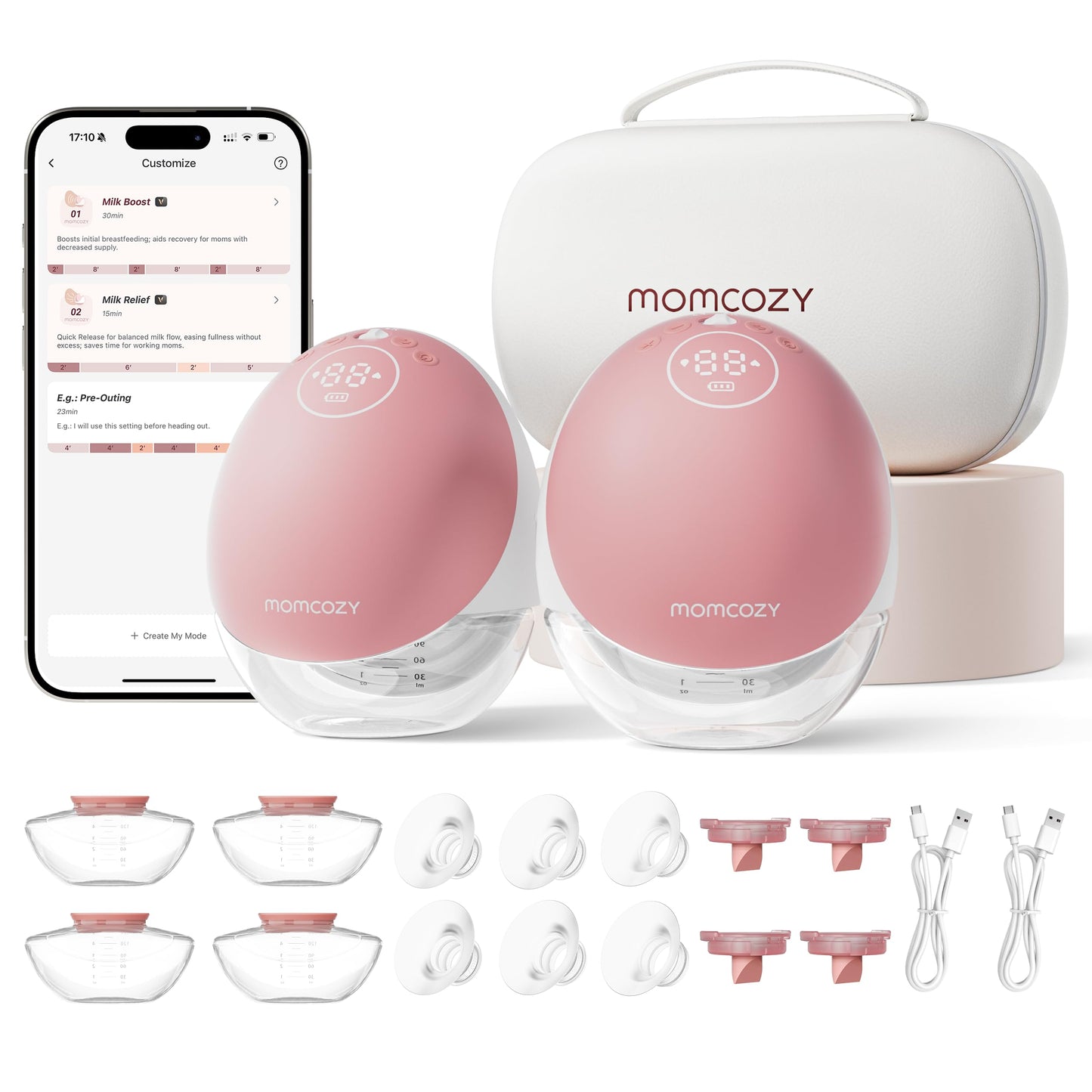 Momcozy Breast Pump Hands Free Upgraded Mobile Flow | M9, App Discreet Control with Personalized Multi-Modes & 15 Levels, Wearable Breast Pump 24mm, 2 Pack Cozy Red