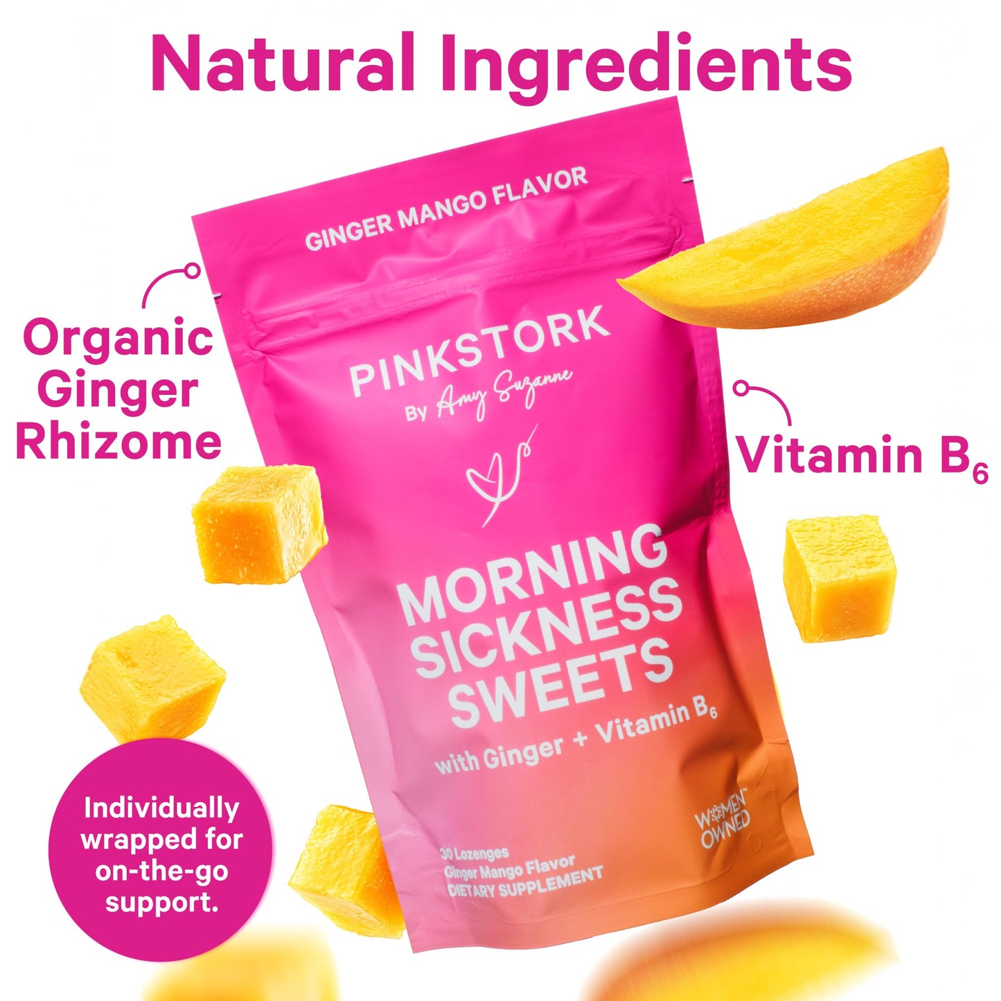 Pink Stork Morning Sickness Sweets, Organic Raspberry Ginger Candy with Vitamin B6, Support for Motion Sickness, Prenatal Heartburn - Pregnancy Must Haves - 30 Wrapped Drops