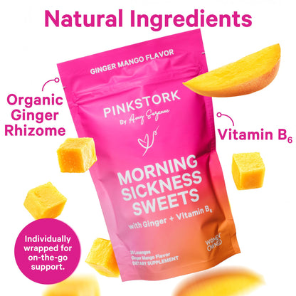 Pink Stork Morning Sickness Sweets, Organic Raspberry Ginger Candy with Vitamin B6, Support for Motion Sickness, Prenatal Heartburn - Pregnancy Must Haves - 30 Wrapped Drops