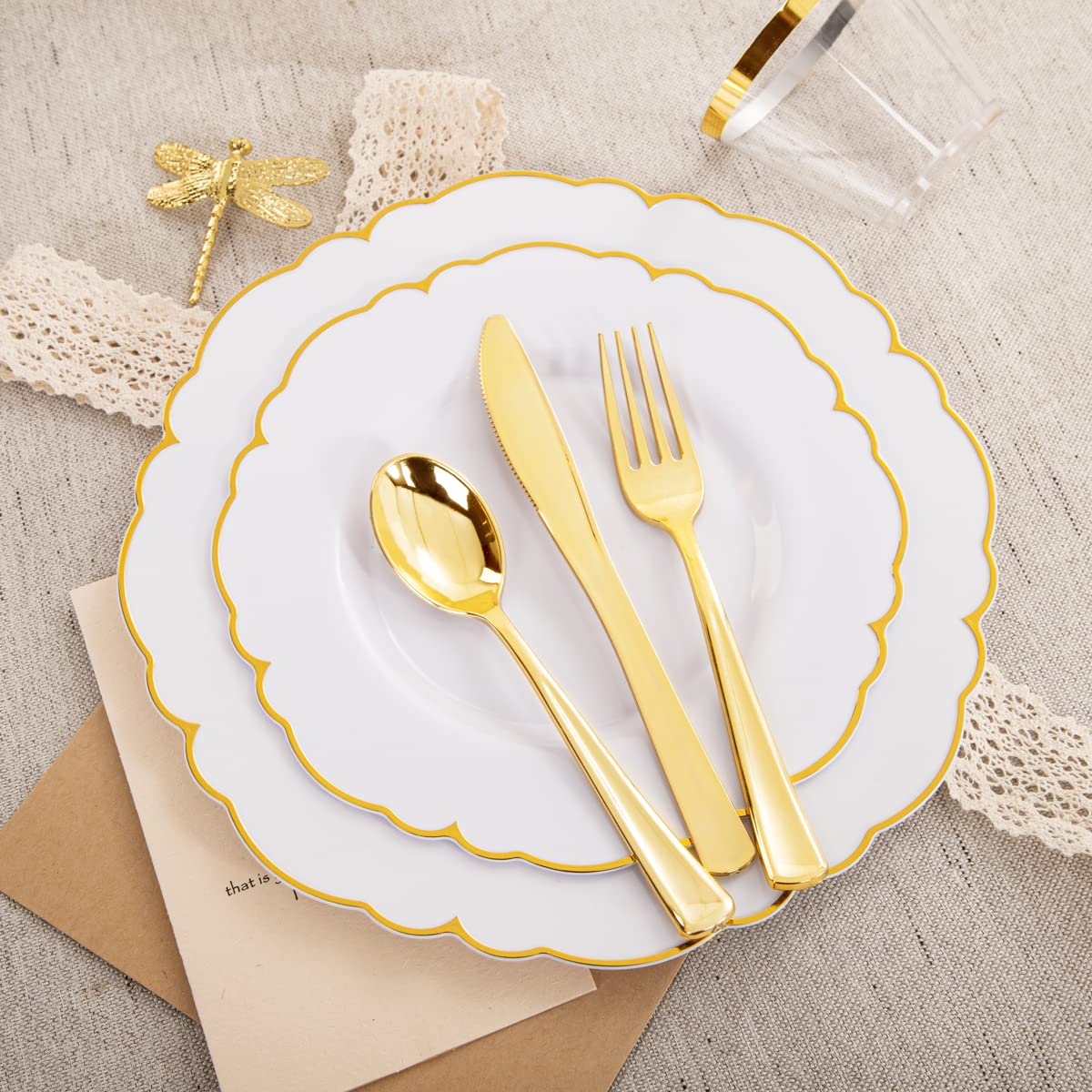 Morejoy 175PCS Rose Gold & Silver Plastic Dinnerware Set: 25 Plates, 25 Forks, 25 Knives, 25 Spoons, 25 Cups, 25 Napkins - Perfect for Wedding & Party