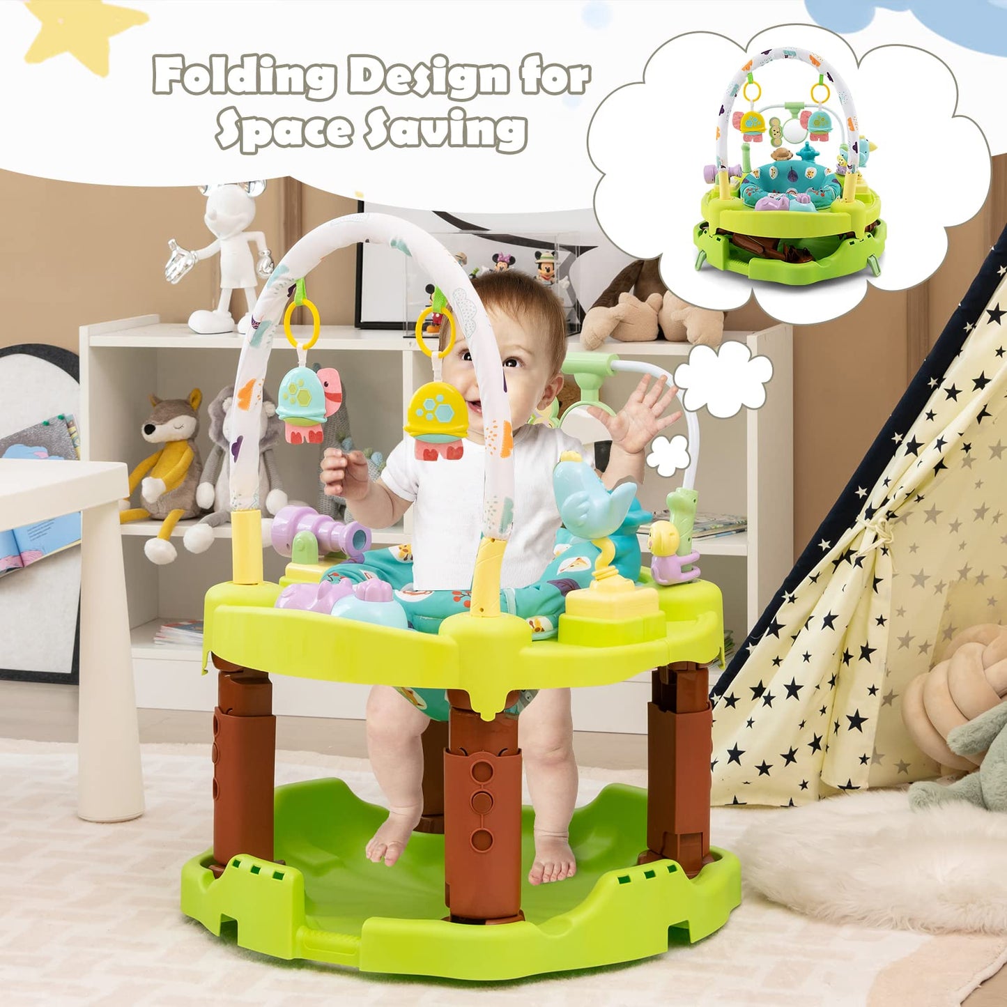 HOMGX Baby Bouncer Activity Center, 3 in 1 Baby Jumper Center & Infant Playtime Mat & Activity Table w/Baby Toys, 3 Adjustable Heights & 360° Rotatable Seat, Exersaucer for Toddlers (Green)