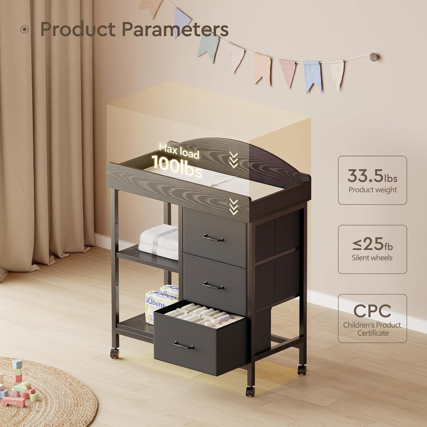 Changing Table Dresser, Baby Dresser with 3 Drawers and 2 Shelves, Multi-Functional Baby Changing Table with Pad, Classic Nursery Dresser, Diaper Changing Station for Children's Room, Black