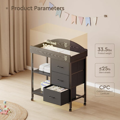 Changing Table Dresser, Baby Dresser with 3 Drawers and 2 Shelves, Multi-Functional Baby Changing Table with Pad, Classic Nursery Dresser, Diaper Changing Station for Children's Room, Black