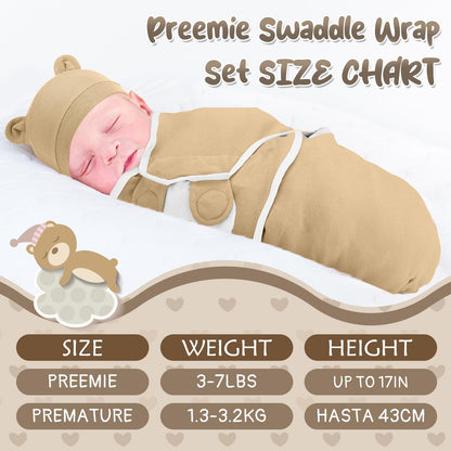 Buryeah 4 Pack Preemie Swaddle Blanket Wrap Set with Hat for Baby Boys Girls 3-7 Lbs Preemie Newborn Clothes Sleepers Cap