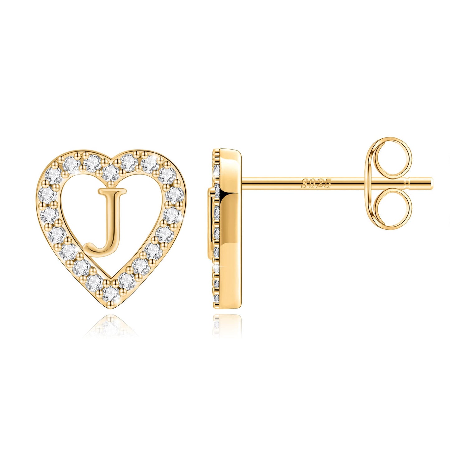Anoup Heart Initial Stud Earrings - Gifts for Girls, Sterling Silver Post 14K Gold Plated All Over Hypoallergenic | CZ Simulated Diamond Stud Earrings | Birthday Gifts for Kids Toddlers Daughter