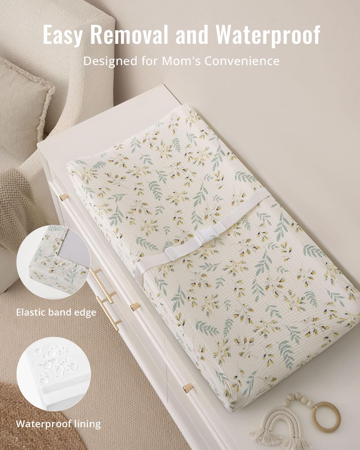 Blissful Diary Muslin Baby Changing Pad with Waterproof Lining Foam, Diaper Changing Table Pad with Cover for Dressers (Monstera, Avocado)